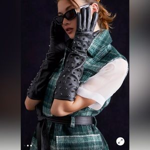 NWOT Anthropologie Long Leather Black Rhinestone gloves